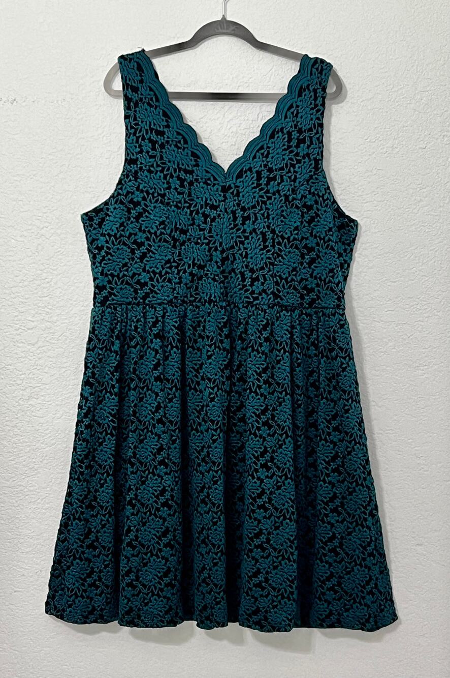 Whimsygoth Emerald Teal Floral Lace A-Line Dress Scalloped V-Neck Size 3X
